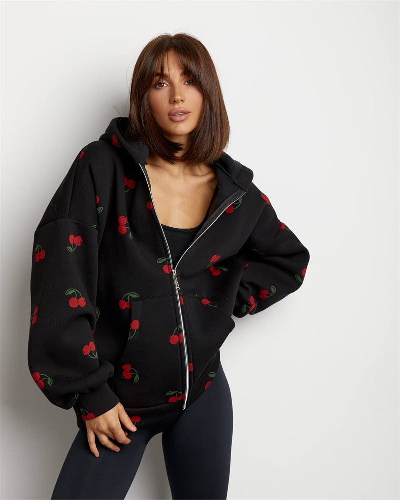 Damen Freizeit Hoodie mit frischem Kirschmuster und praktischer Kapuze Drune