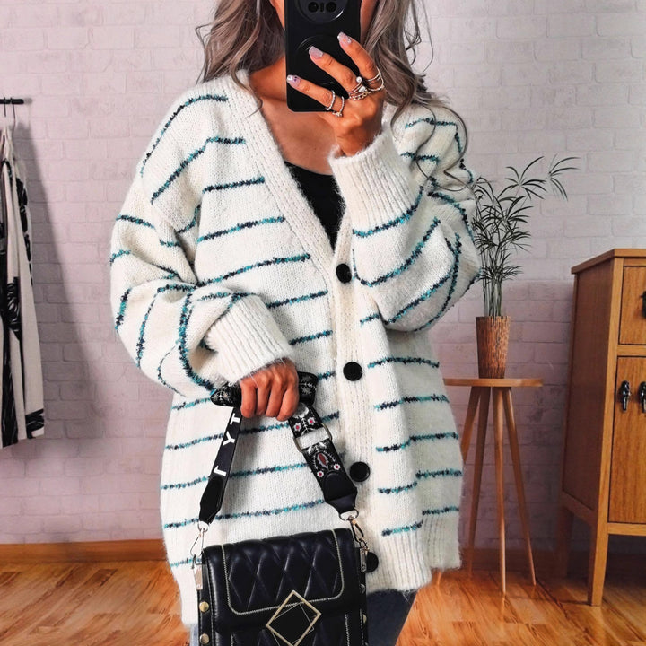 Damen kuschelige Strickjacke mit kontrastierenden Streifen Drune