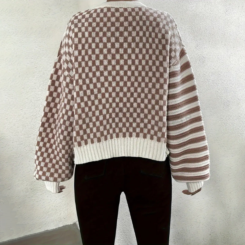 Damen Kuschelige Strickjacke mit kariertem Design und breiten Ärmeln Drune