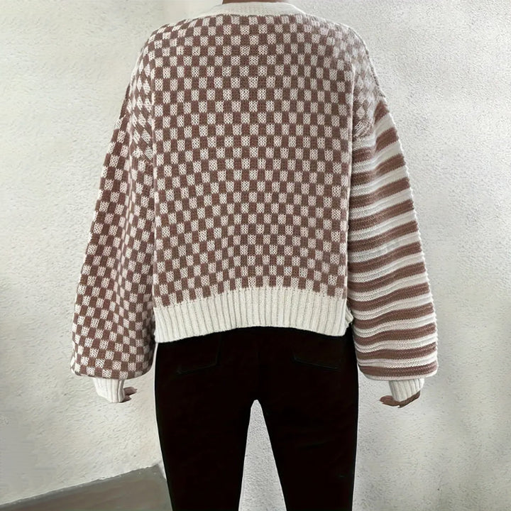 Damen Kuschelige Strickjacke mit kariertem Design und breiten Ärmeln Drune