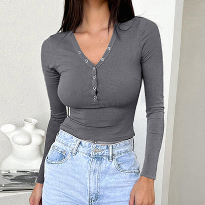 Damen nan tailliertes Ripp-Langarmshirt mit dekorativer Knopfleiste und Metallösen Drune