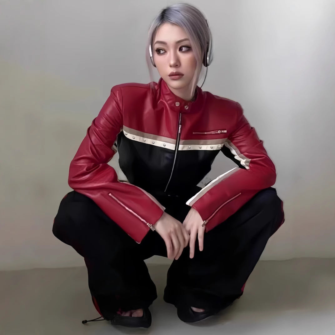 Damen trendige cropped Lederjacke mit einzigartigen Farbakzenten Drune