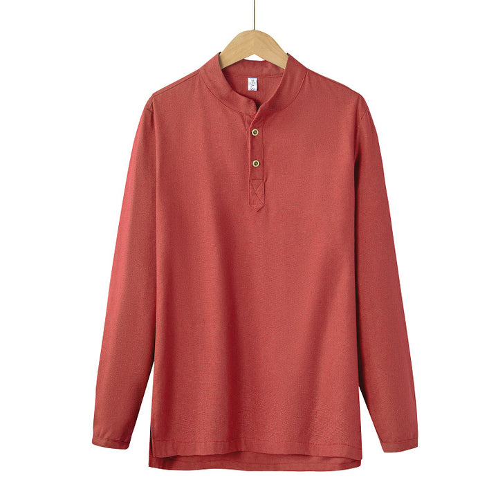 Herren nan langärmeliges Henley-Shirt mit Stehkragen und verdeckter Knopfleiste aus Baumwollmix Drune