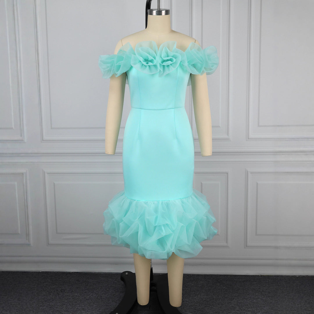 Damen Figurbetontes Kleid mit Rüschenärmel und voluminösem Saum Drune