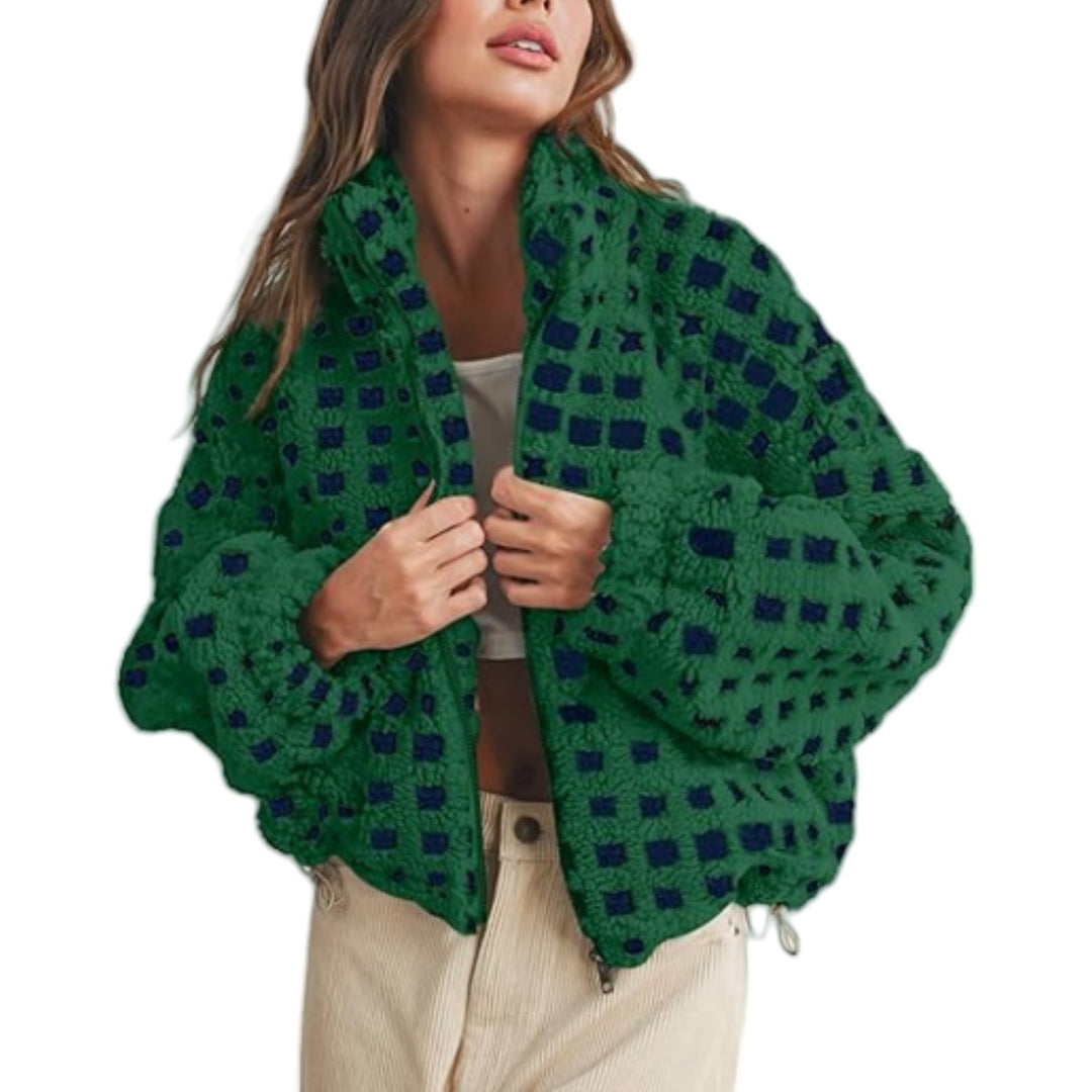 Damen trendige Kurzjacke mit Karomuster und weichem Plüsch Drune