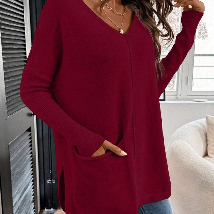Damen Lässiger Pullover mit V-Ausschnitt und aufgesetzten Taschen Drune