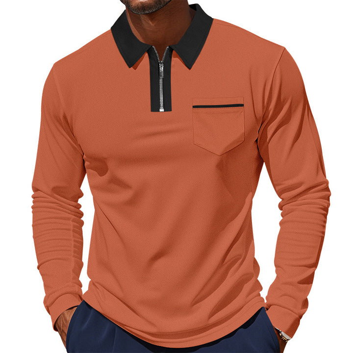 Herren nan langärmeliges Zip-Poloshirt mit Brusttasche und Kontrastkragen Drune
