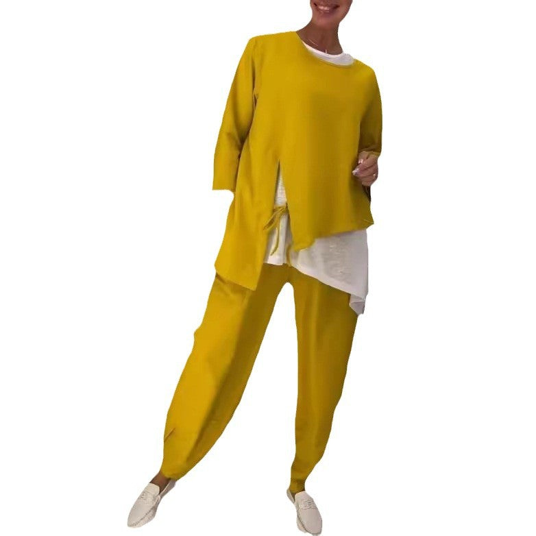 Damen Lässiges zwei-teiliges Freizeit-Set mit asymmetrischem Oberteil und bequemen Hosen Drune