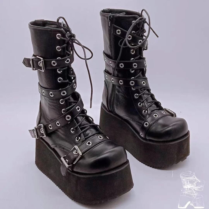 Damen plateau Combatstiefel mit Schnallen Ösen Schnürung und seitlichem Reißverschluss Drune
