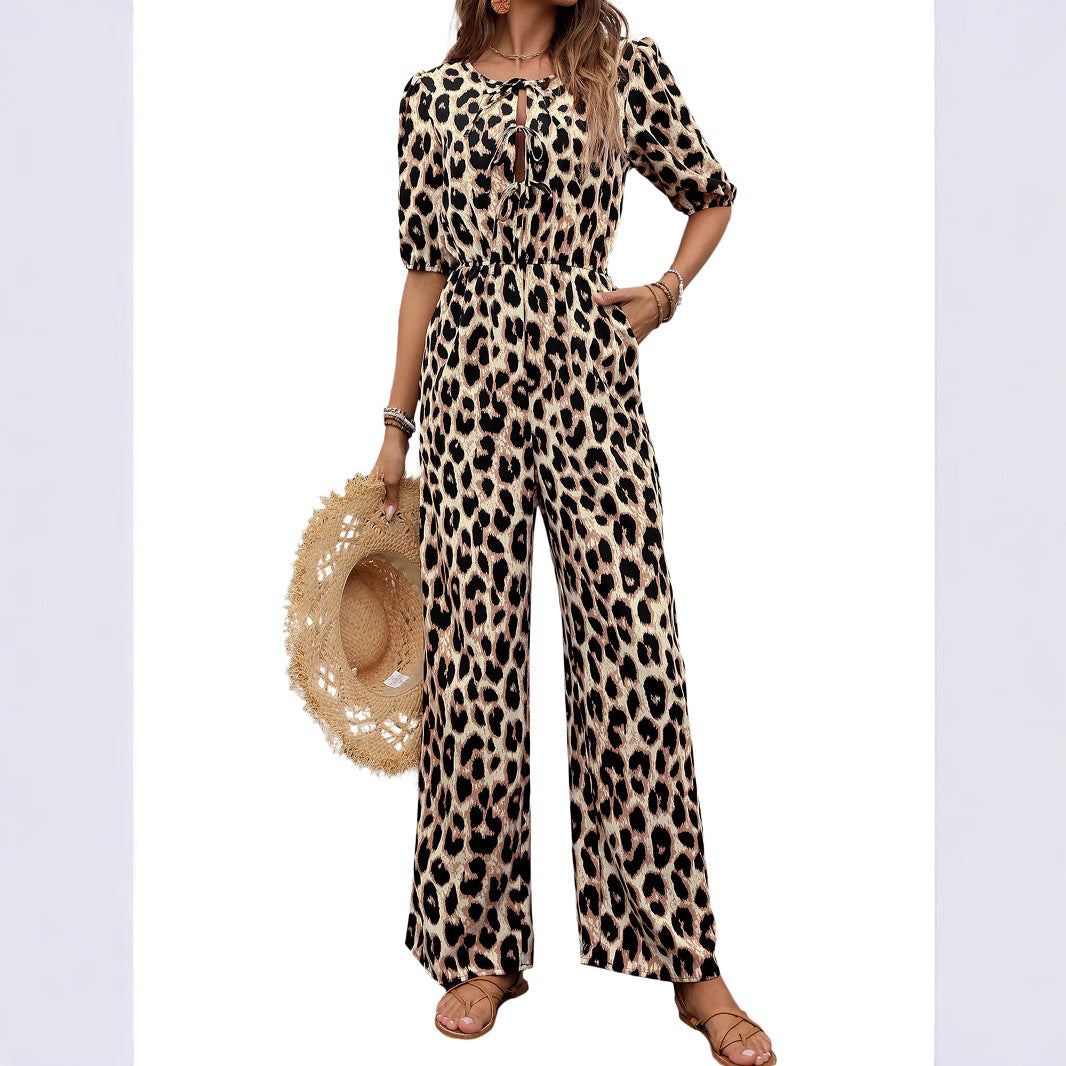 Damen Jumpsuit mit elegantem Wickelausschnitt und modischem Leopardenmuster Drune