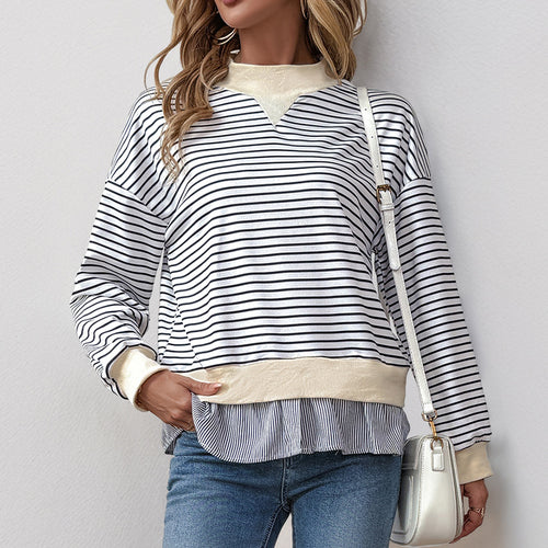 Damen modisches Sweatshirt mit asymmetrischem Streifenmuster und Rüschenabschluss Drune