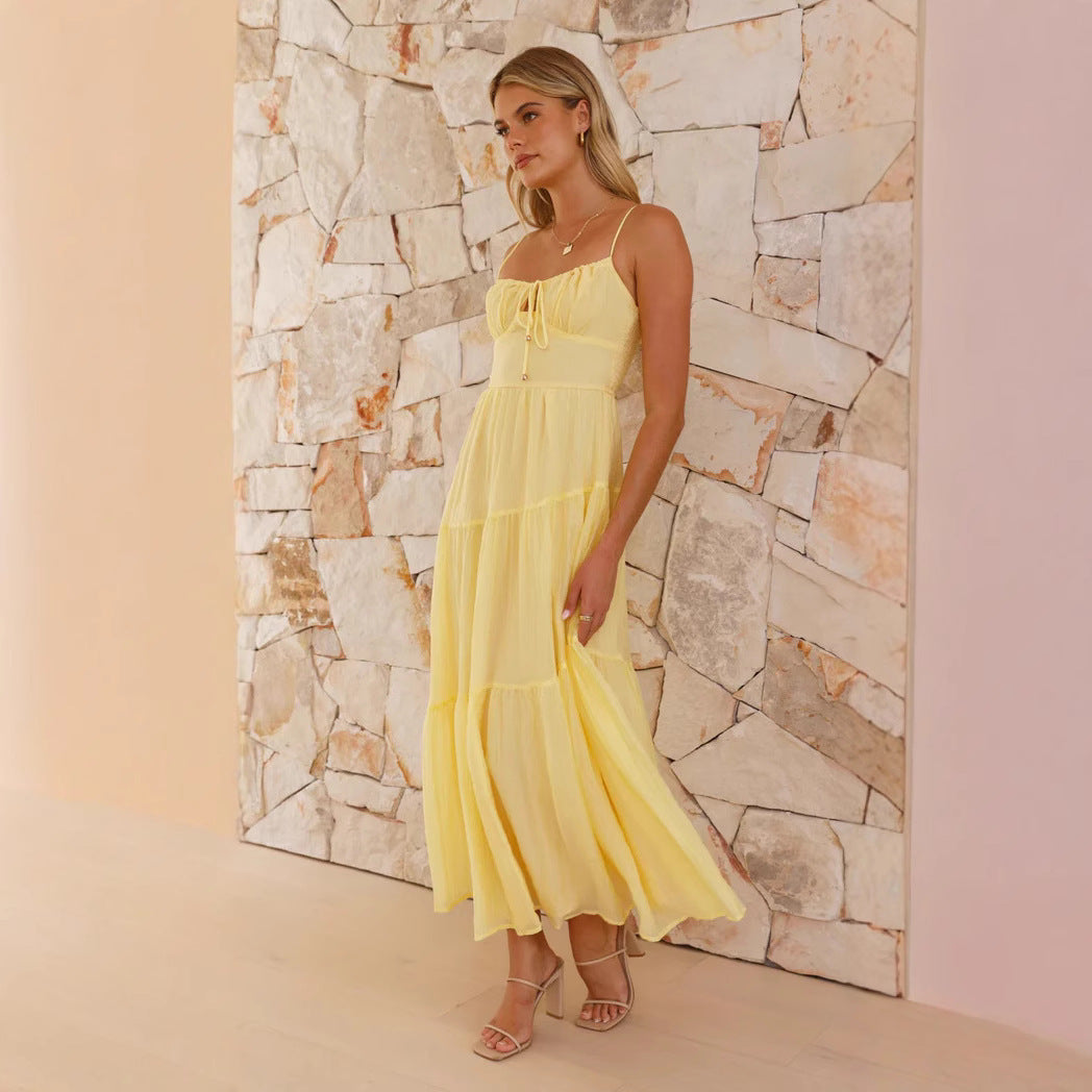 Damen Boho-Chic Maxikleid mit verstellbaren Spaghettiträgern und voluminösem Rock Drune