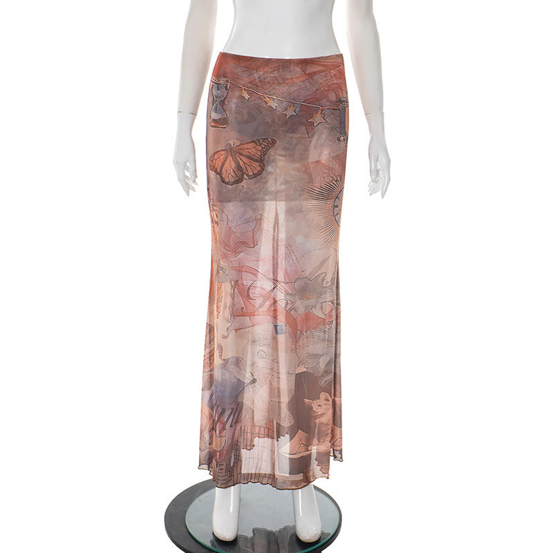 Damen Eleganter, transparenter Maxirock mit künstlerischem Druck und fließendem Schnitt Drune