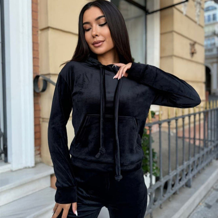 Damen Sportlicher Velours-Jogginganzug mit Kapuze und Gummizug Drune