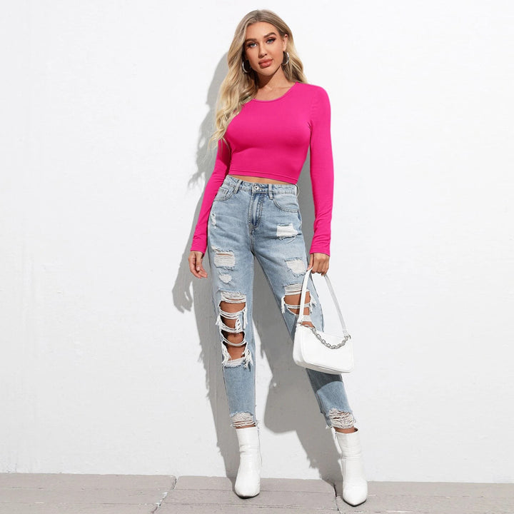 Damen cropped Langarmshirt mit eleganter Rippstruktur Drune