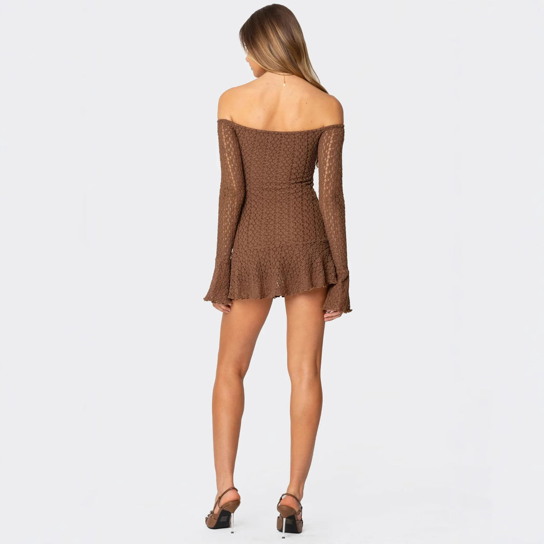 Damen Off-Shoulder Minikleid mit strukturiertem Häkelmuster und schwingendem Saum Drune