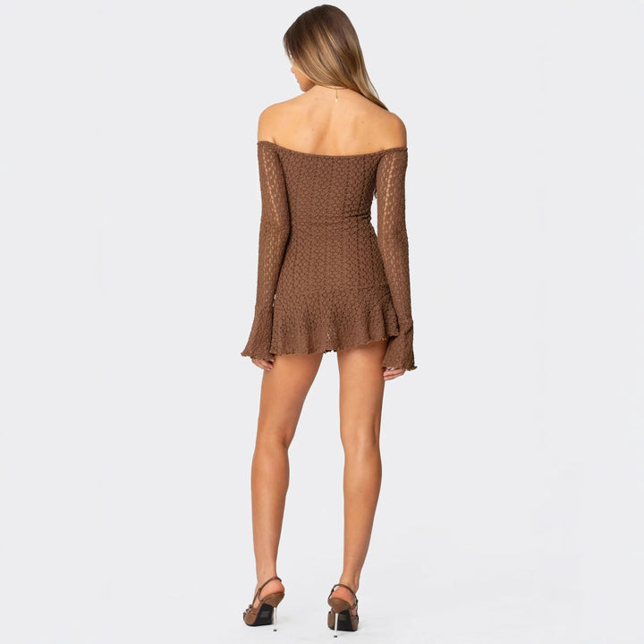 Damen Off-Shoulder Minikleid mit strukturiertem Häkelmuster und schwingendem Saum Drune