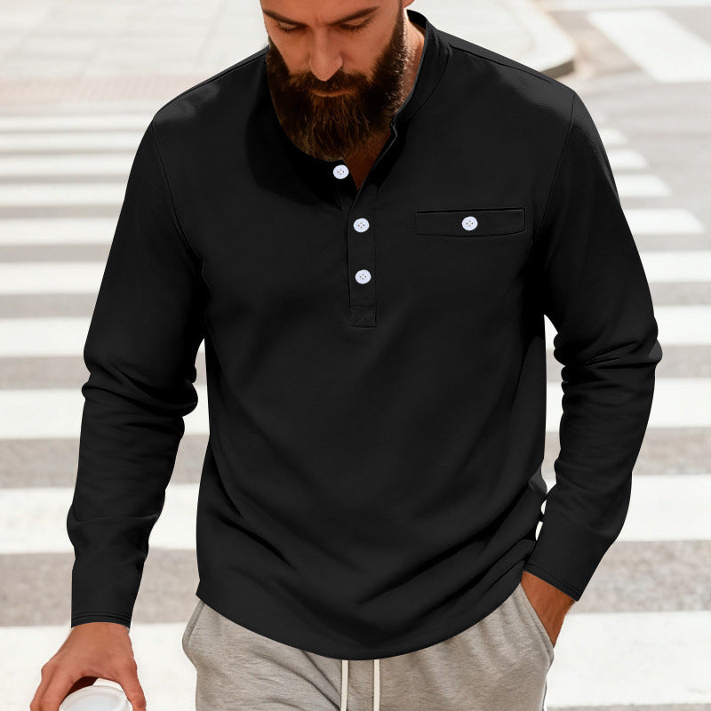 Herren nan lässiges Langarm-Henleyshirt aus Baumwollmischung mit Brusttasche Drune