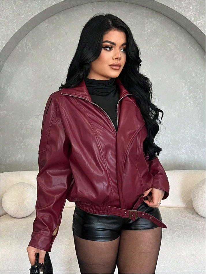 Damen Kunstlederjacke mit figurbetontem Schnitt und dekorativem Gürtel Drune