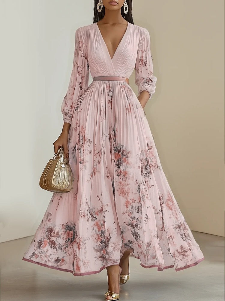 Damen Prachtvolles Maxikleid mit tiefem V-Ausschnitt und floralem Design Drune