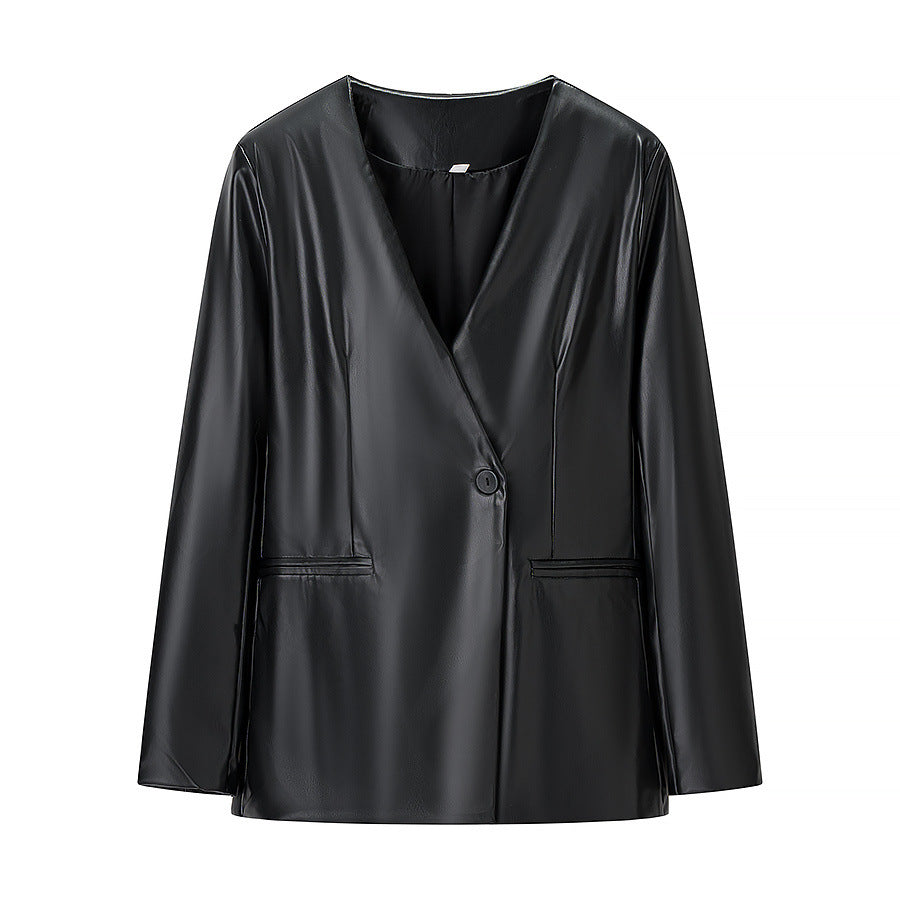 Damen elegante Longblazer aus hochwertigem Kunstleder Drune