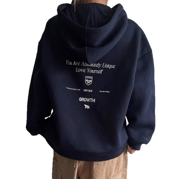 Damen Kapuzenpullover mit motivierendem Schriftzug und bequemer Passform Drune