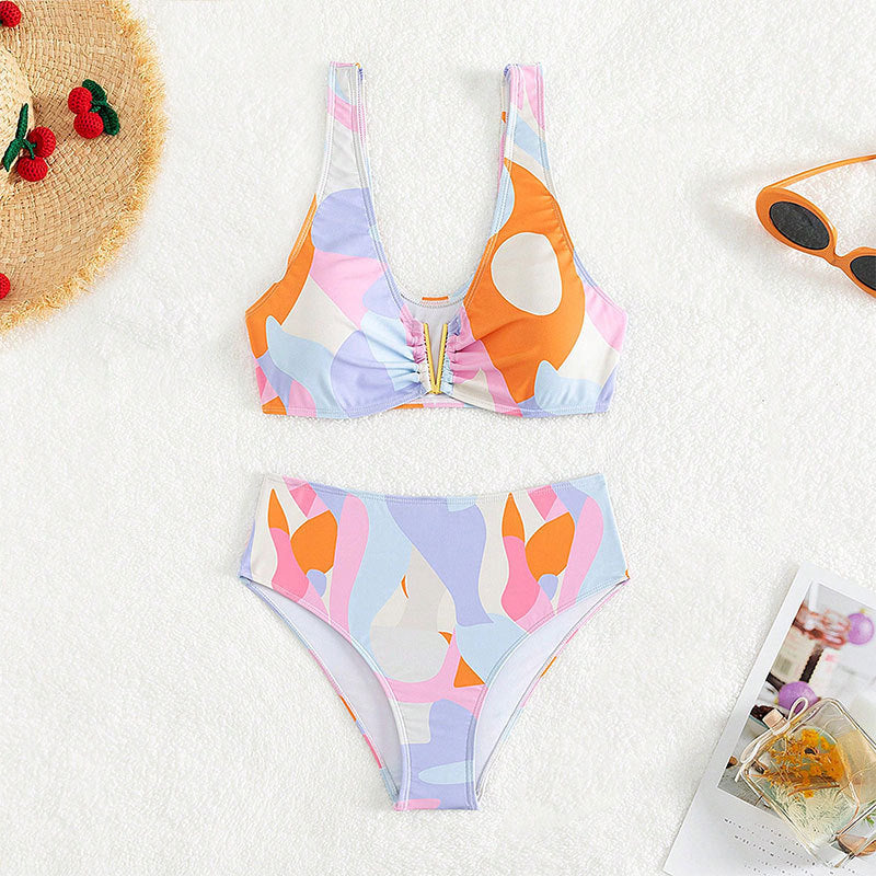 Damen Hoch geschnittenes Bikini-Set mit modischem V-Ausschnitt Drune