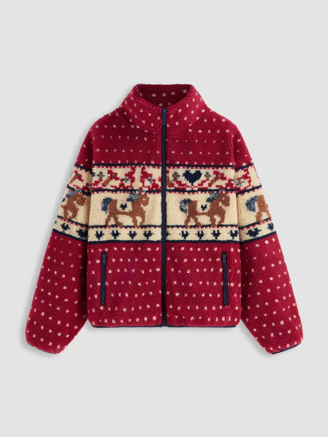 Damen Fleecejacke mit tierischem Muster und hoher Kragen Drune