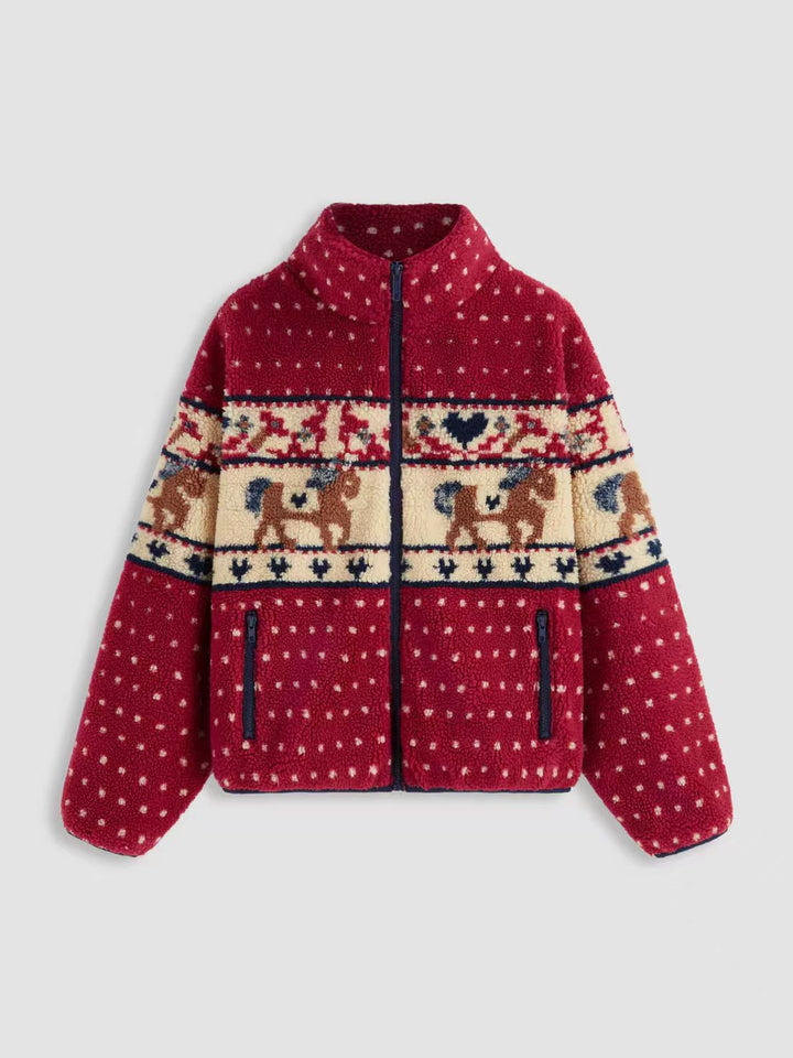 Damen Fleecejacke mit tierischem Muster und hoher Kragen Drune