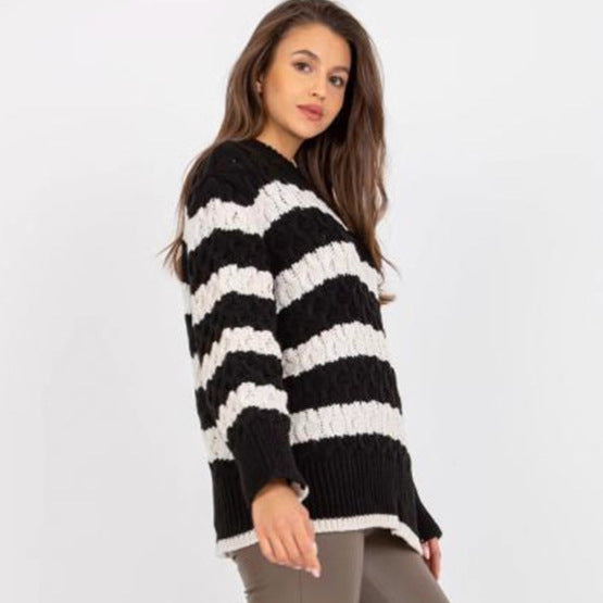 Damen gestreifte Strickpullover mit voluminösen Ärmeln und einzigartigem Muster Drune