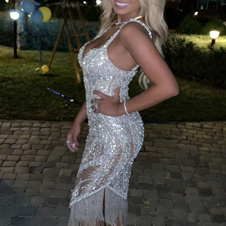 Damen Glamouröses Pailletten-Kleid mit schimmerndem Fransenbesatz und verführerischem Design Drune