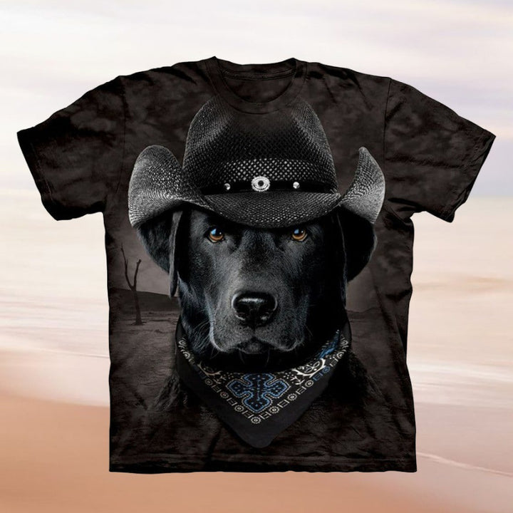 Damen T-Shirt mit kreativem Hundemotiv und Cowboyhut-Design Drune