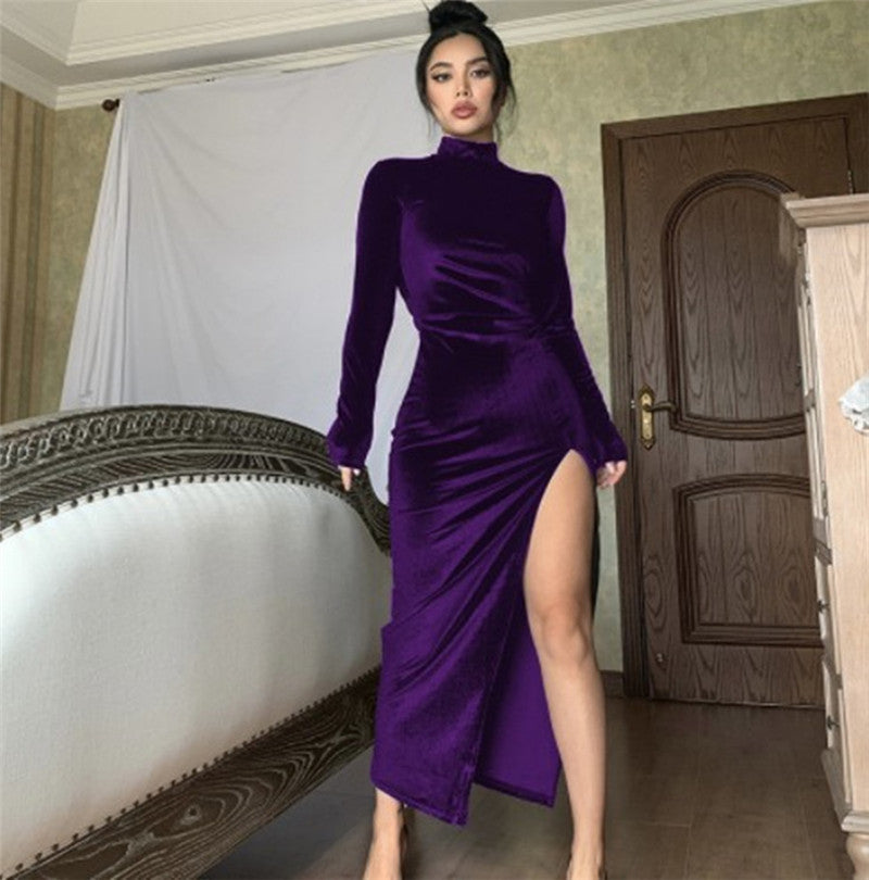 Damen Elegantes Wickelkleid mit hochgeschlossenem Ausschnitt und seitlichem Schlitz Drune