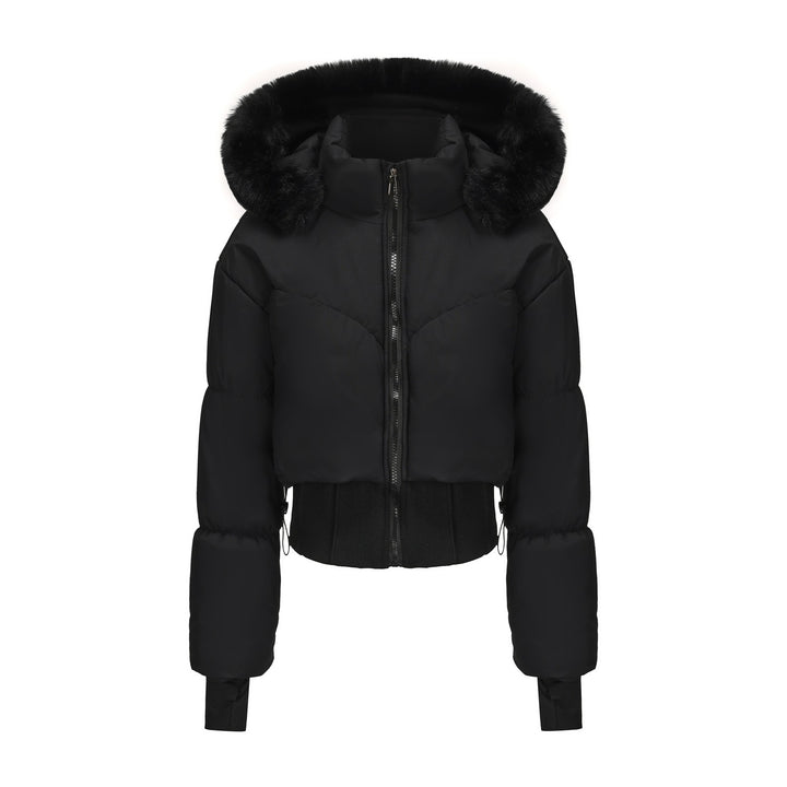 Damen cropped Daunenjacke mit abnehmbarer Kapuze und Kunstfellbesatz Drune