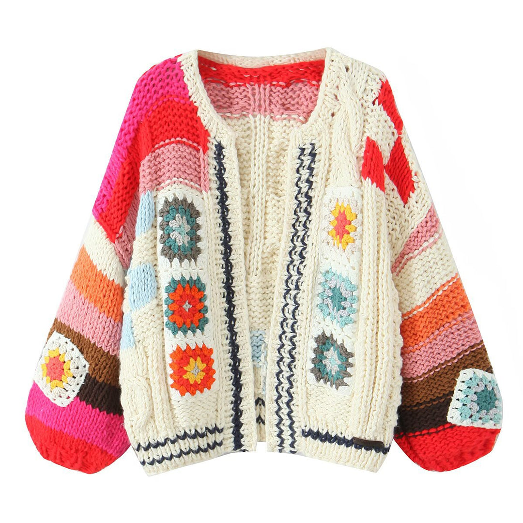Damen modische Strickjacke mit bunten Häkelmotiven Drune