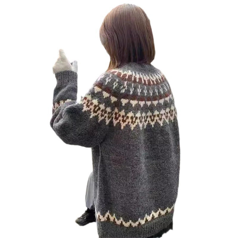 Damen gestrickter Pullover mit Norwegermuster Drune