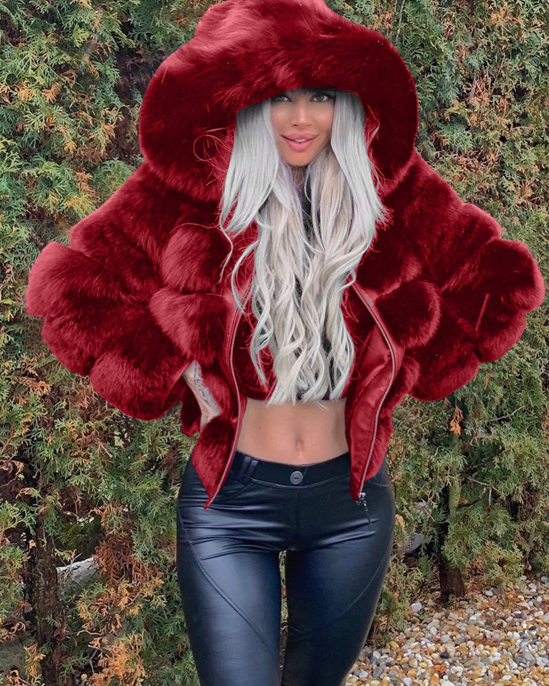 Damen Sportliche Kunstpelzjacke mit Kapuze Drune