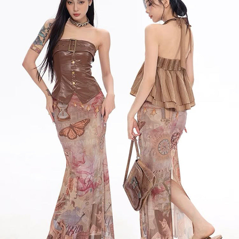 Damen Eleganter, transparenter Maxirock mit künstlerischem Druck und fließendem Schnitt Drune