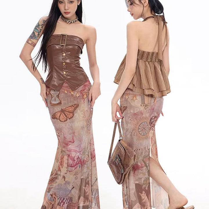 Damen Eleganter, transparenter Maxirock mit künstlerischem Druck und fließendem Schnitt Drune