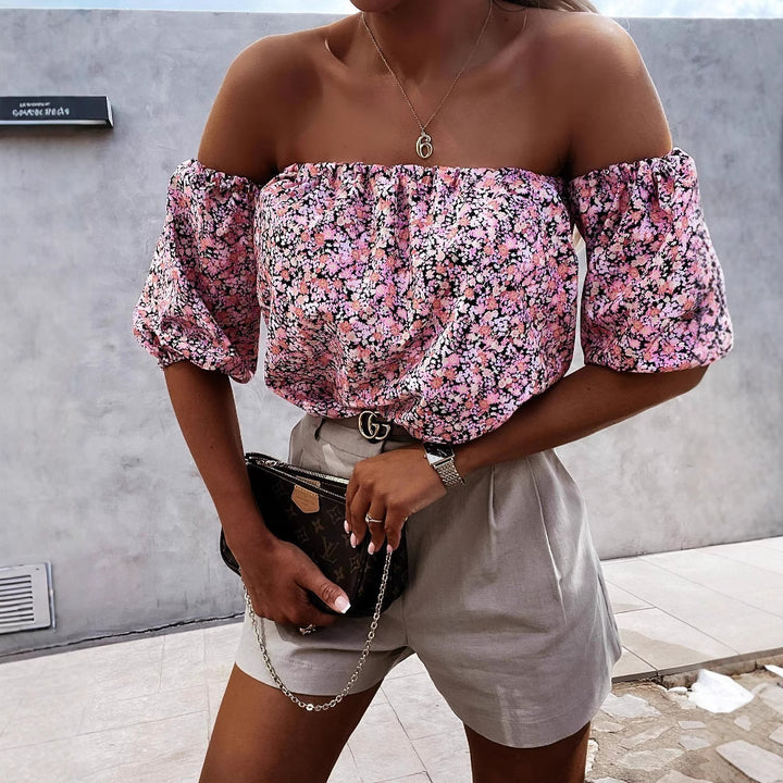 Damen Off-Shoulder Bluse mit voluminösen Puffärmeln und floralem Muster Drune
