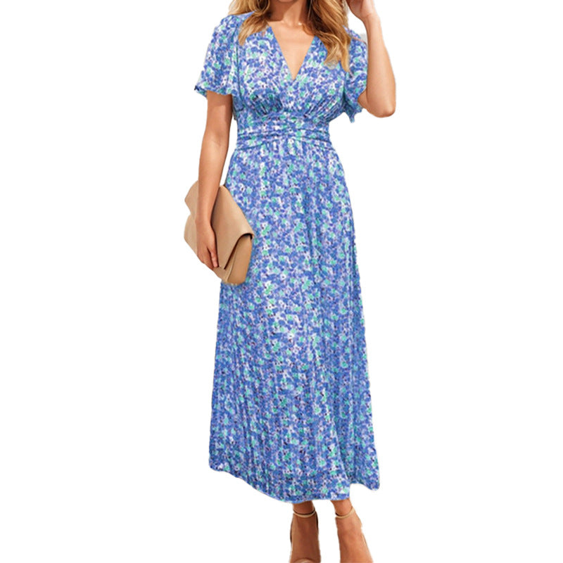 Damen Maxikleid mit floralem Design und luftigen Puffärmeln Drune