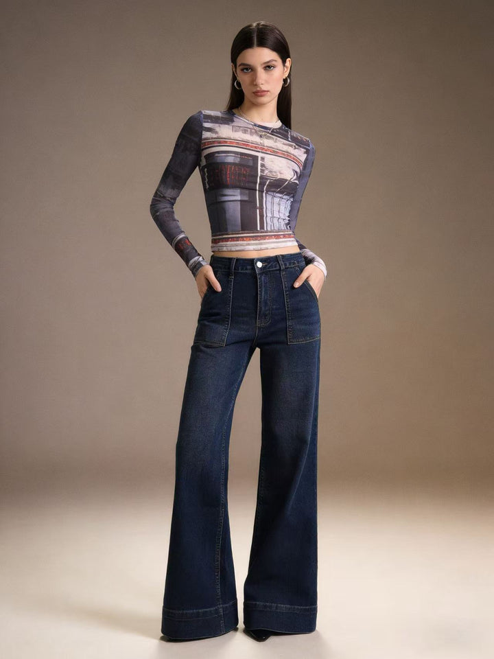 Damen High-Waist Weitbeinerhosen mit angesagtem Aufnäher Drune