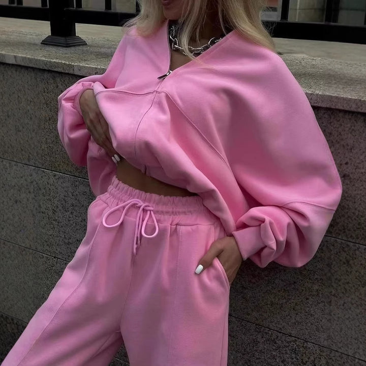 Damen nan cropped Hoodie mit halbem Reißverschluss und Highwaist Jogginghose Drune