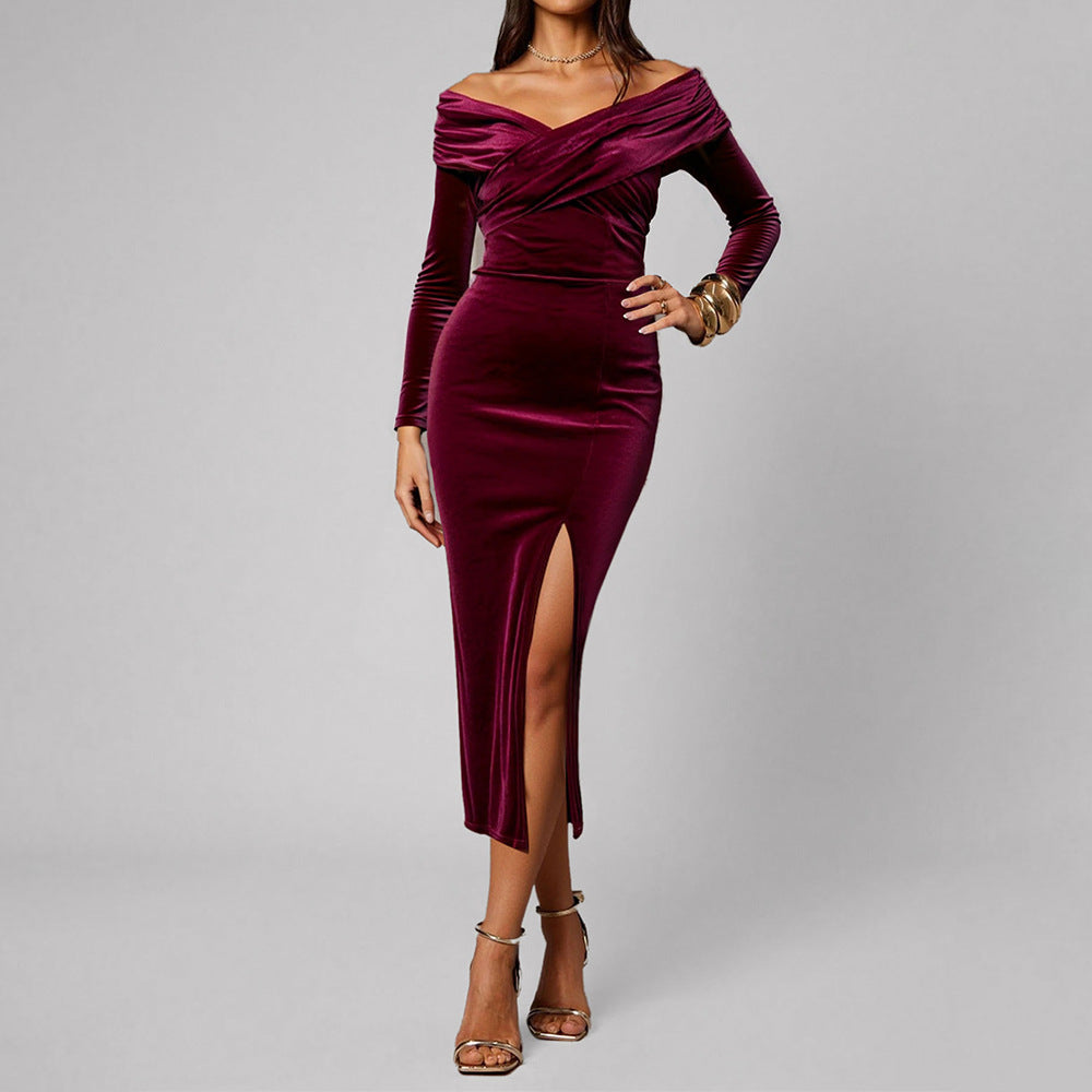 Damen Luxuriöses Abendkleid mit schulterfreiem Design und seitlichem Schlitz Drune
