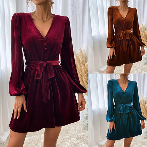 Damen Samtkleid mit tiefem V-Ausschnitt und Taillengürtel Drune