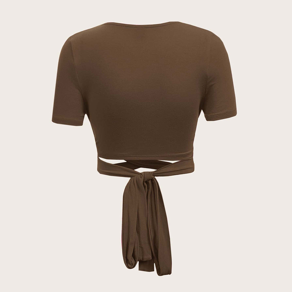 Damen Figurumspielendes Wickeloberteil mit Bindeband und kurzärmeligen Design Drune