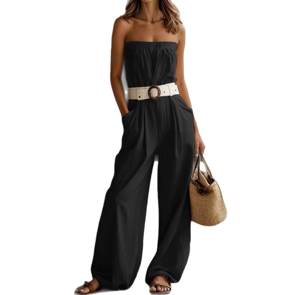 Damen Lässiger Jumpsuit mit Gürtel und weitem Bein Drune