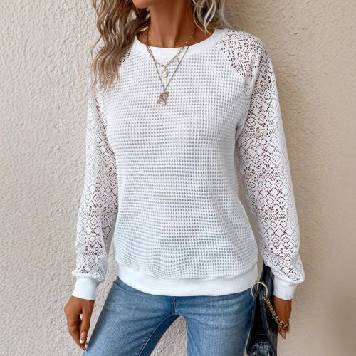 Damen nan Pullover mit Waffelstruktur, Raglanform und transparenter Spitzenärmel Drune