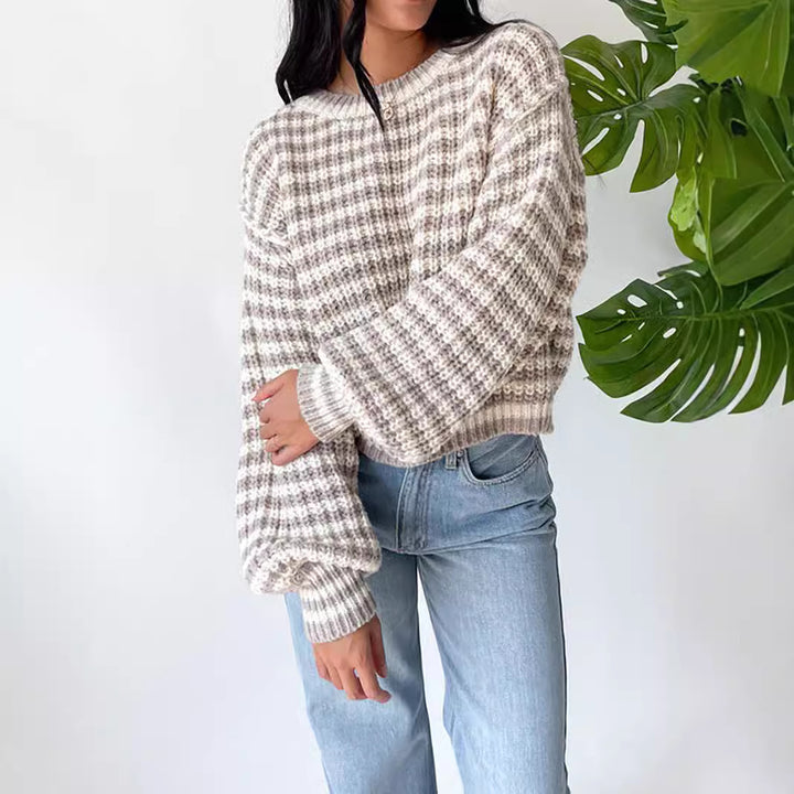 Damen Cropped Strickpullover mit weit ausgestellten Ärmeln und Streifenmuster Drune