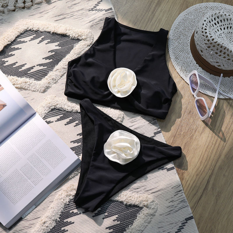 Damen Hochgeschnittenes Bikini-Set mit eleganter Blumenapplikation Drune